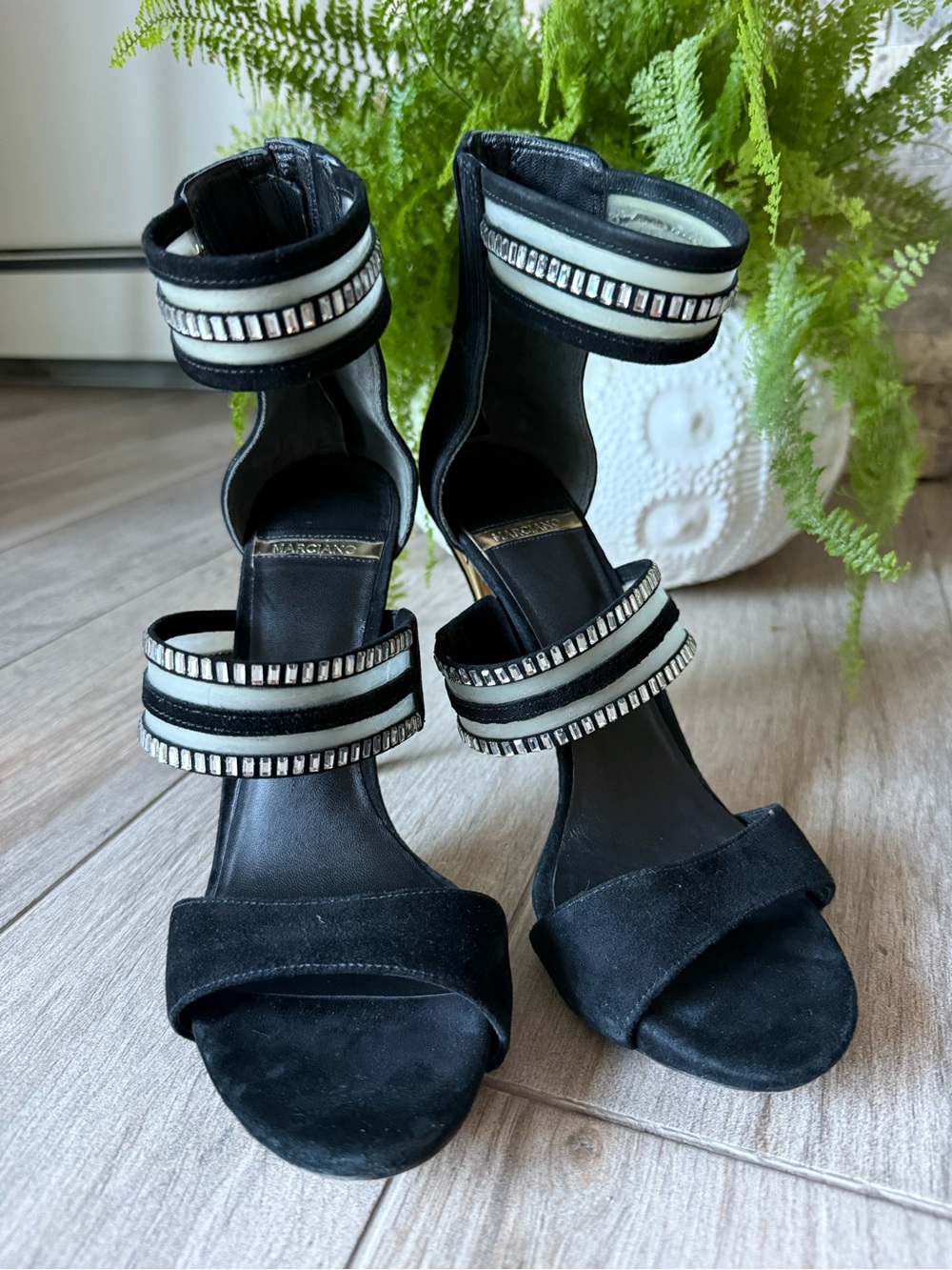 Marciano Black Crystal-Trim Ankle Strap Heels - Women's